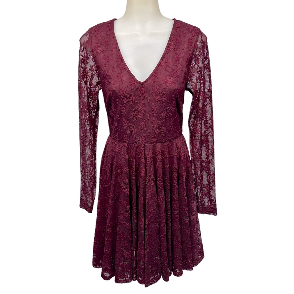 ALTAR’D STATE Burgundy Dress Long Sheer Lace  Sleeves Ribbon Tie Whimsical